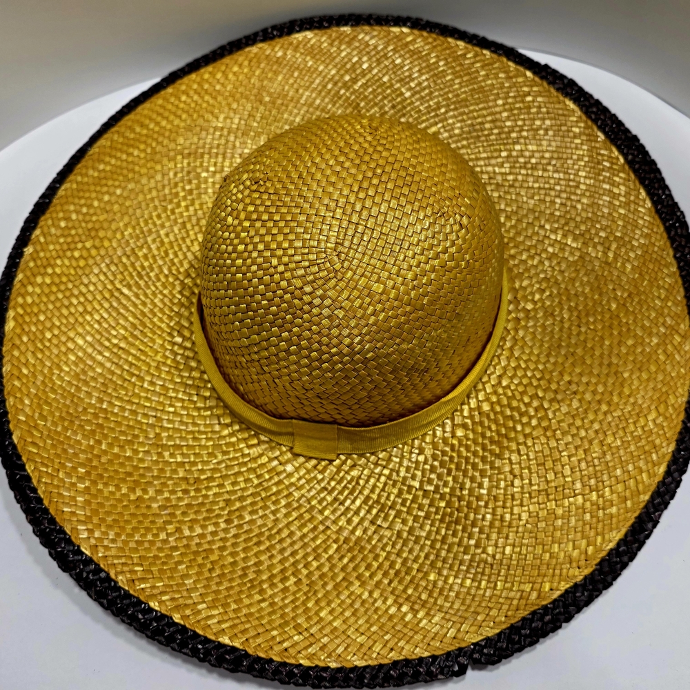 Neiman Marcus Gold Woven Straw Floppy Sun Hat Black Trim Italy